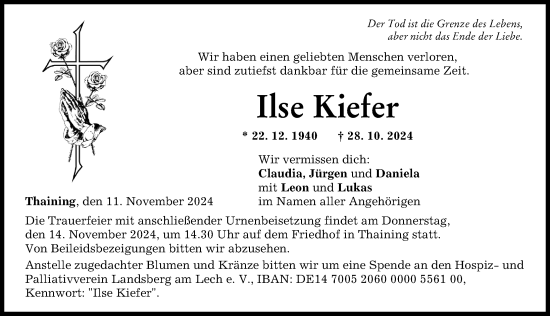 Traueranzeige von Ilse Kiefer von Landsberger Tagblatt