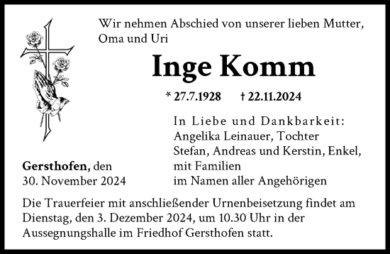 Traueranzeige von Inge Komm von Augsburger Allgemeine