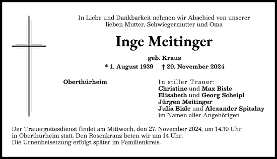 Traueranzeige von Inge Meitinger von Wertinger Zeitung