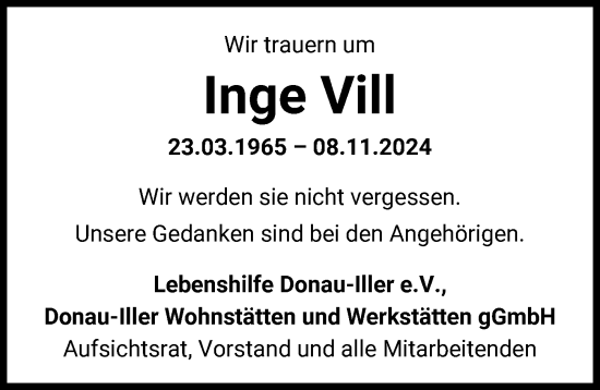 Traueranzeige von Inge Vill von Illertisser Zeitung