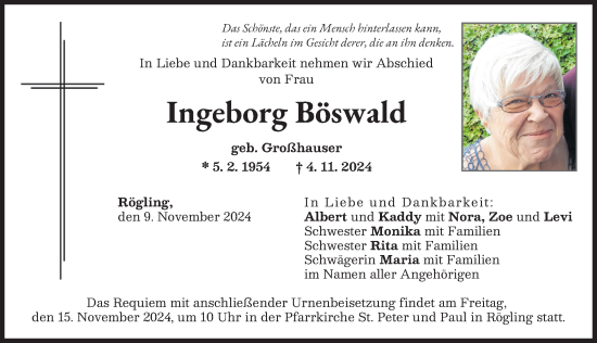 Traueranzeige von Ingeborg Böswald von Donauwörther Zeitung