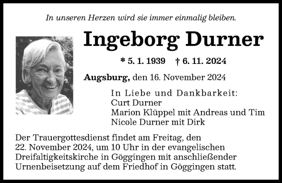 Traueranzeige von Ingeborg Durner von Augsburger Allgemeine