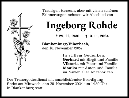 Traueranzeige von Ingeborg Rohde von Augsburg-Land