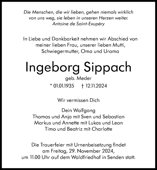 Traueranzeige von Ingeborg Sippach von Augsburger Allgemeine, Neu-Ulmer Zeitung