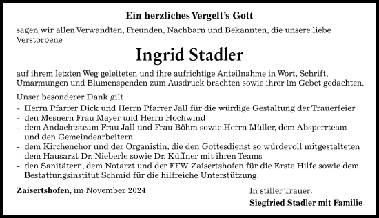 Traueranzeige von Ingrid Stadler von Mindelheimer Zeitung