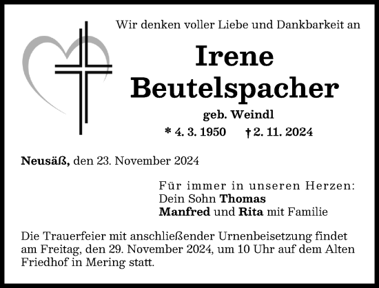 Traueranzeige von Irene Beutelspacher von Friedberger Allgemeine