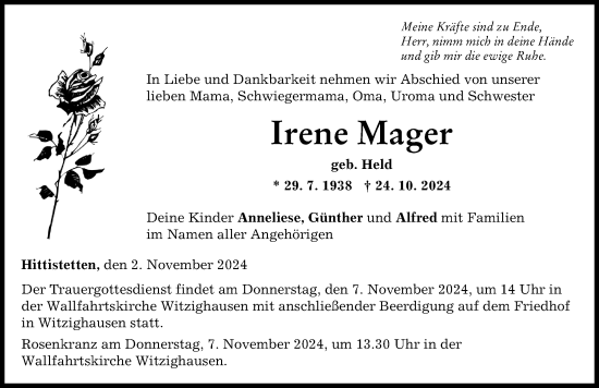 Traueranzeige von Irene Mager von Neu-Ulmer Zeitung