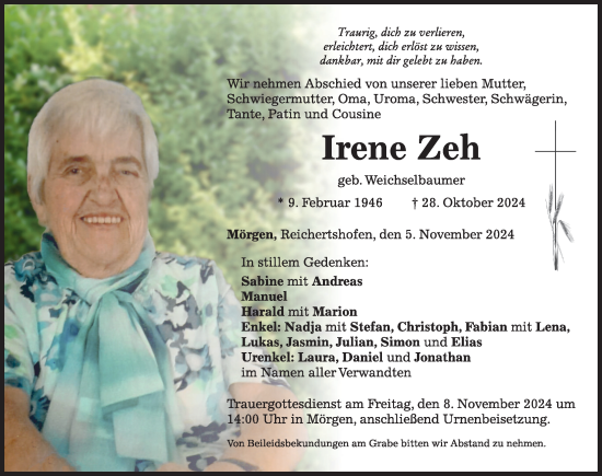 Traueranzeige von Irene Zeh von Mindelheimer Zeitung