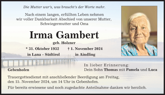Traueranzeige von Irma Gambert von Aichacher Nachrichten