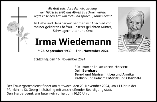 Traueranzeige von Irma Wiedemann von Friedberger Allgemeine