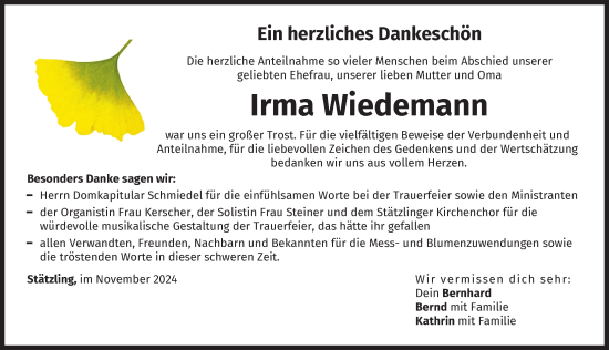 Traueranzeige von Irma Wiedemann von Friedberger Allgemeine