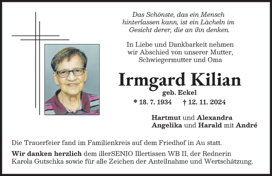 Traueranzeige von Irmgard Kilian von Illertisser Zeitung