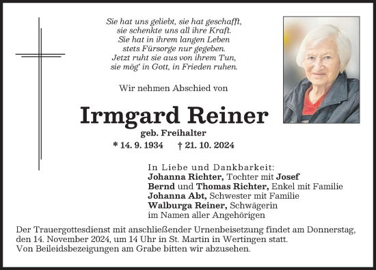 Traueranzeige von Irmgard Reiner von Wertinger Zeitung