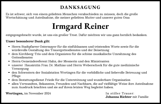Traueranzeige von Irmgard Reiner von Wertinger Zeitung