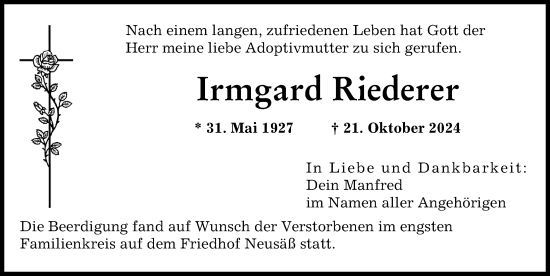Traueranzeige von Irmgard Riederer von Augsburger Allgemeine