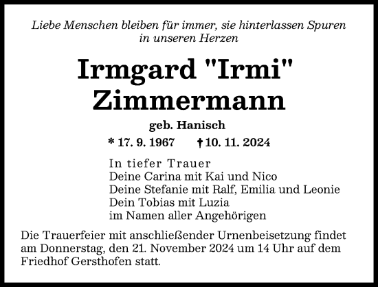 Traueranzeige von Irmgard Zimmermann von Augsburger Allgemeine