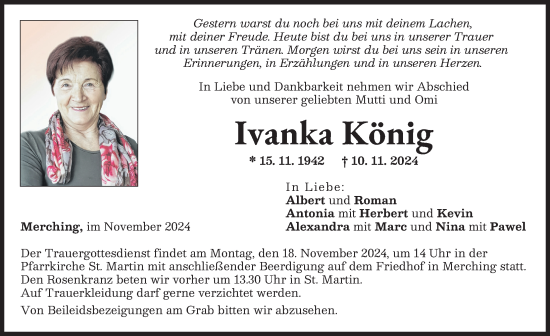 Traueranzeige von Ivanka König von Friedberger Allgemeine
