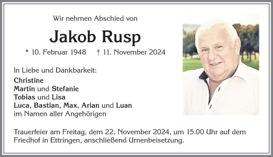 Traueranzeige von Jakob Rusp von Mindelheimer Zeitung