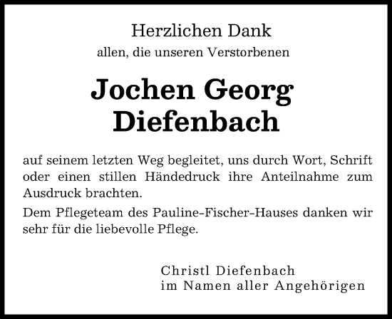 Traueranzeige von Jochen Georg Diefenbach von Augsburger Allgemeine