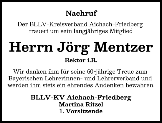 Traueranzeige von Jörg Mentzer von Aichacher Nachrichten