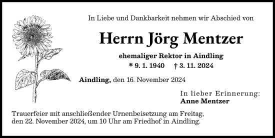 Traueranzeige von Jörg Mentzer von Aichacher Nachrichten
