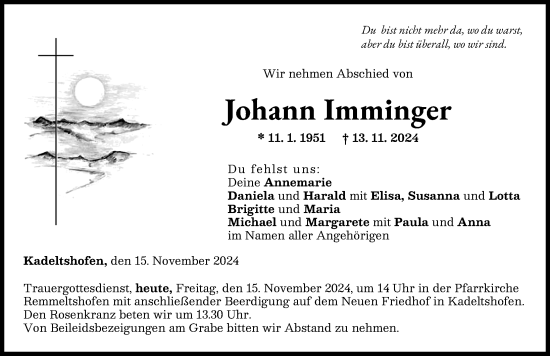 Traueranzeige von Johann Imminger von Neu-Ulmer Zeitung
