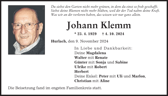 Traueranzeige von Johann Klemm von Landsberger Tagblatt