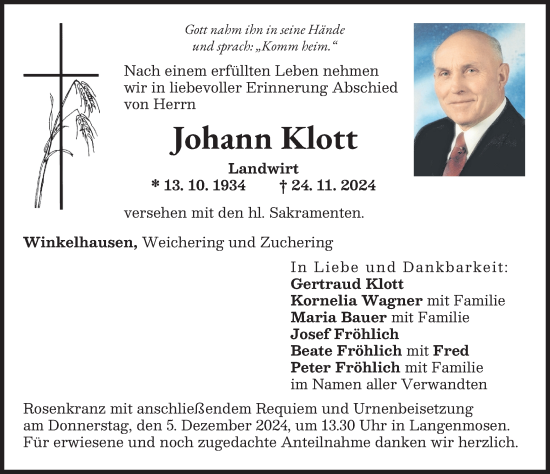 Traueranzeige von Johann Klott von Neuburger Rundschau