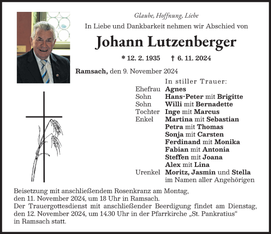 Traueranzeige von Johann Lutzenberger von Landsberger Tagblatt