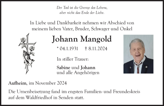 Traueranzeige von Johann Mangold von Neu-Ulmer Zeitung