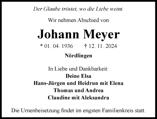 Traueranzeige von Johann Meyer von Rieser Nachrichten