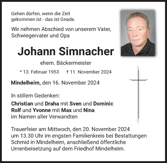 Traueranzeige von Johann Simnacher von Mindelheimer Zeitung
