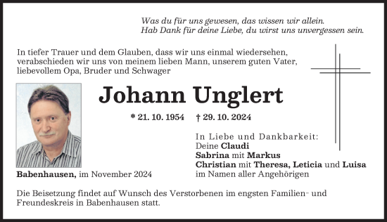 Traueranzeige von Johann Unglert von Illertisser Zeitung