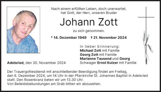 Traueranzeige von Johann Zott von Augsburg-Land