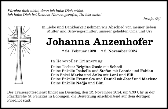 Traueranzeige von Johanna Anzenhofer von Schwabmünchner Allgemeine