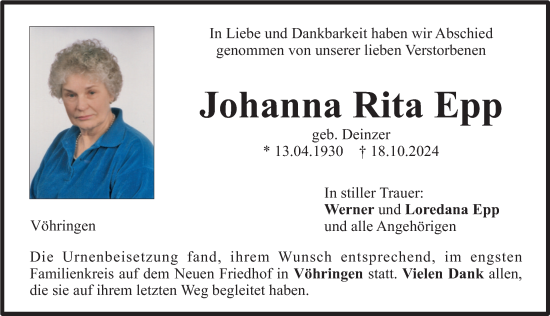 Traueranzeige von Johanna Rita Epp von Illertisser Zeitung