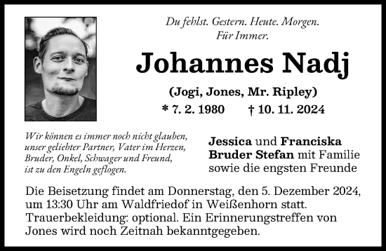 Traueranzeige von Johannes Nadj von Neu-Ulmer Zeitung
