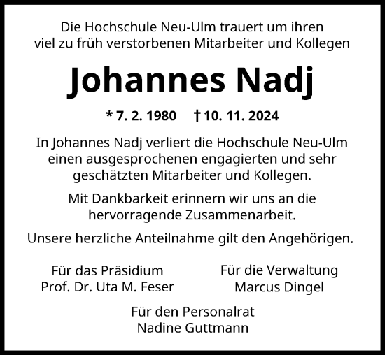 Traueranzeige von Johannes Nadj von Neu-Ulmer Zeitung