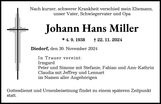 Traueranzeige von Johann Hans Miller von Augsburger Allgemeine