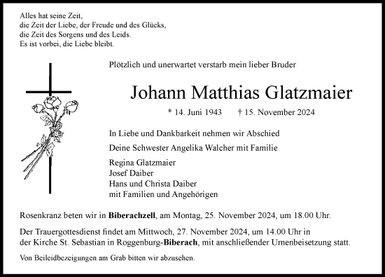 Traueranzeige von Johann Matthias Glatzmaier von Neu-Ulmer Zeitung