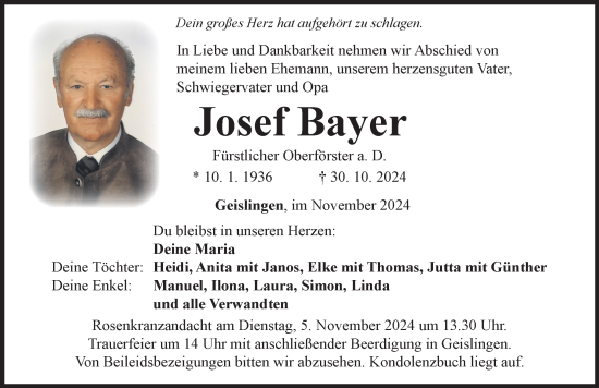Traueranzeige von Josef Bayer von Rieser Nachrichten