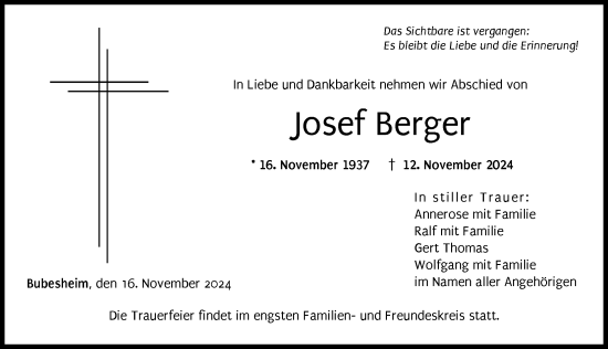 Traueranzeige von Josef Berger von Günzburger Zeitung