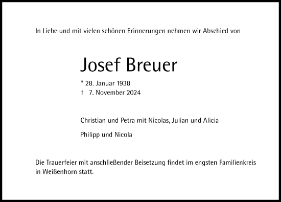 Traueranzeige von Josef Breuer von Augsburger Allgemeine