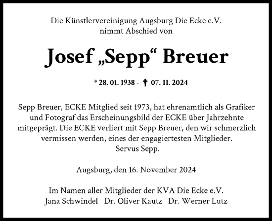 Traueranzeige von Josef Breuer von Augsburger Allgemeine