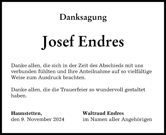 Traueranzeige von Josef Endres von Augsburger Allgemeine