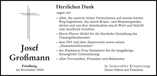 Traueranzeige von Josef Großmann von Friedberger Allgemeine