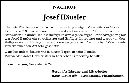 Traueranzeige von Josef Häusler von Mittelschwäbische Nachrichten
