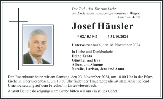 Traueranzeige von Josef Häusler von Mittelschwäbische Nachrichten