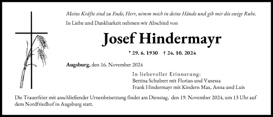 Traueranzeige von Josef Hindermayr von Augsburger Allgemeine