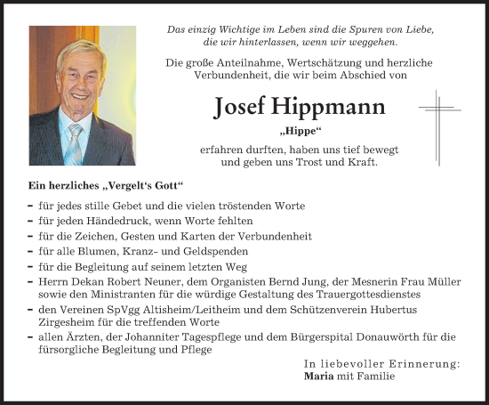 Traueranzeige von Josef Hippmann von Donauwörther Zeitung